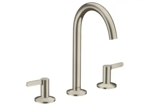 Waschtischarmatur mit zwei Steuerhebeln und hohem Auslauf in gebürstetem Nickel-Finish, Marke AXOR. Enthält eine Push-Open Ablaufgarnitur.